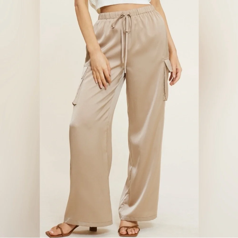 Mimosa • Tan High Rise Drawstring Wide Leg Satin Pants